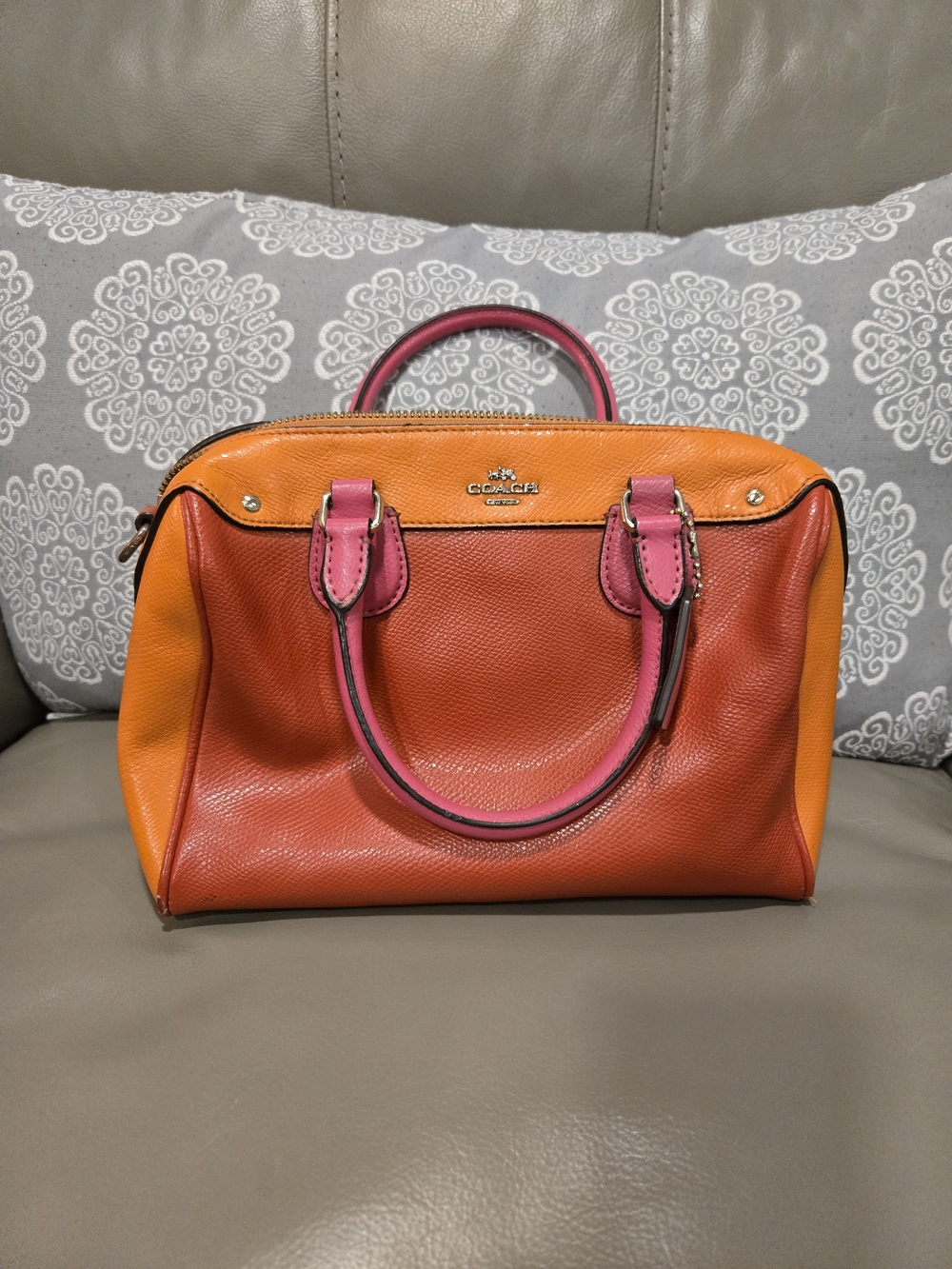 Coach Two-Tone Orange & Pink Leather Satchel - FAIR CONDITION